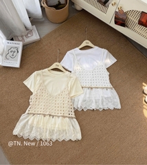 Áo kiểu ren kèm thun phối dây eo
