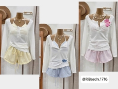 Set bikini 3 món áo tay dài áo dây quần ngắn thun kèm kẹp hoa