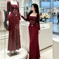 Đầm thiết kế ren 2 dây phối lụa kèm áo choàng ren