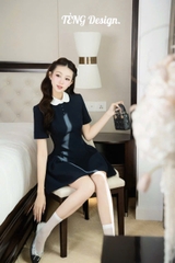 Đầm chữ A xanh đen dáng ngắn cổ sen