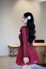 Đầm cổ tròn tay dài ren dáng xoè 2 tầng