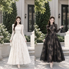 Đầm thiết kế cổ tròn ren tay dài dáng dài