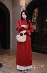 Áo dài gấm tay loe đính hoa quần lưng thun H