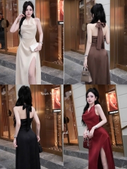 Đầm cột nơ cổ lụa xẻ tà