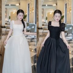 Đầm cổ vuông đính ngọc hoa eo không xẻ