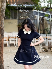 Đầm cổ tròn trắng dáng chữ tay viền trắng mix xanh đen