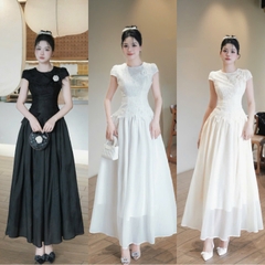 Đầm thiết kế chất ren cổ tròn phối chân tơ tặng hoa 3 màu đen kem trắng