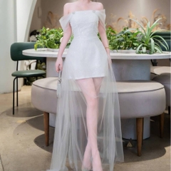 Đầm thiết kế kim sa trễ vai phối lưới dài