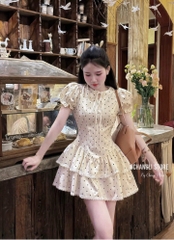 Đầm chấm bi tay ngắn bo chun cổ tròn