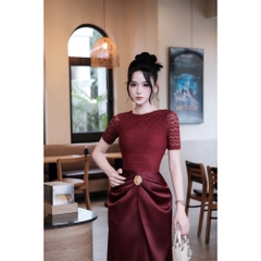 Đầm thiết kế ôm body phối lụa tay ngắn