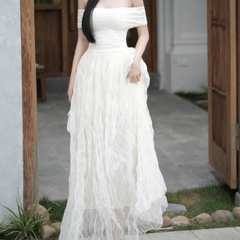 Đầm đi tiệc trễ vai bảng ngực xoè sóng dáng dài