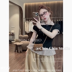 Set áo cổ sen kèm quần ống rộng bo chân