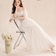 Đầm thiết kế 2 dây trễ vai phối voan dáng dài