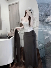 Set áo 2 dây nhúng ngực khoác ngoài kèm chân váy dài