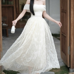 Đầm đi tiệc trễ vai bảng ngực xoè sóng dáng dài