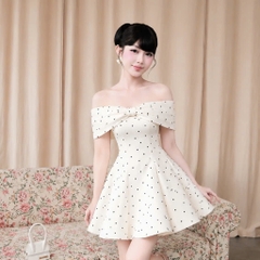 Đầm thiết kế trễ vai chấm bi nơ ngực