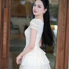 Đầm thiết kế dáng  ngắn cổ tim tay ngắn phối ren 2 tầng voan cao cấp đi tiệc