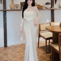 Đầm thiết kế ren 2 dây phối lụa kèm áo choàng ren