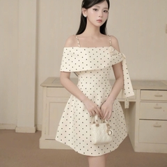 Đầm thiết kế 2 dây trễ vai hoa chấm bi