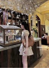 Đầm chấm bi tay ngắn bo chun cổ tròn