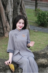 Bộ lam cổ đứng viền thêu sen