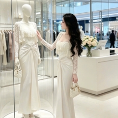 Đầm thiết kế ren 2 dây phối lụa kèm áo choàng ren