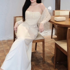 Đầm thiết kế ren 2 dây phối lụa kèm áo choàng ren