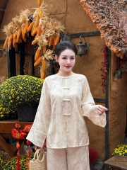 Đồ lam lụa cổ tròn nơ ngọc trai dọc tay áo cổ tàu