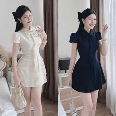 Đầm cổ sơ mi dáng ngắn xếp ly hot trend ép mùng đính kết