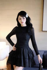 Đầm cổ tròn tay dài ren dáng xoè 2 tầng
