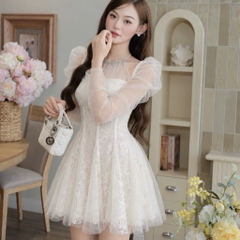 Đầm thiết kế cổ yếm đính đá tay dài dáng ngắn