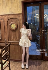 Đầm chấm bi tay ngắn bo chun cổ tròn