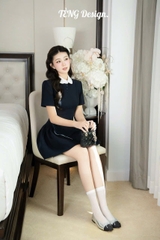 Đầm chữ A xanh đen dáng ngắn cổ sen