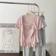 Áo kiểu 2 món thun núc trơn kèm 2 dây chấm bi ngắn