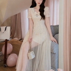 Đầm thiết kế cổ V đính đá cổ nơ ngực