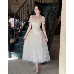 Đầm thiết kế ren chiết eo dáng xoè