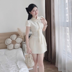 Đầm cổ sơ mi dáng ngắn xếp ly hot trend ép mùng đính kết