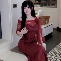 Đầm thiết kế lụa choàng lưới lệch vai đính hoa