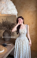 Đầm 2 dây dài chấm bi ôm eo cột nơ