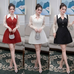 Đầm cổ tròn cao phối dạ dáng chữ A ngắn tay dài voan