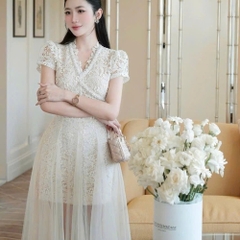 Đầm thiết kết đi tiệc cổ V ren viền ngọc ngực phối voan