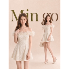 Đầm thiết kế trễ vai đính hoa dáng ngắn