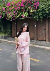 Đồ lam lụa ánh phối tay kim sa thêu cúc ngọc trai