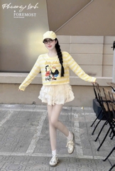 Set áo thun tay dài sọc ngang in hoạ tiết  croptop + cv tầng phối ren