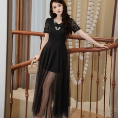 Đầm thiết kế cổ V đính đá cổ nơ ngực