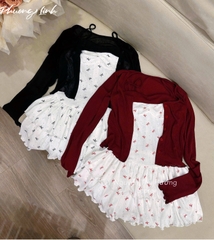 Đầm 2 dây tầng nơ bảng ngực kèm khoác