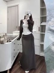 Set áo 2 dây nhúng ngực khoác ngoài kèm chân váy dài