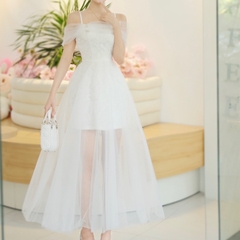 Đầm thiết kế trễ vai dáng dài phối voan chữ A sang trọng đi tiệc