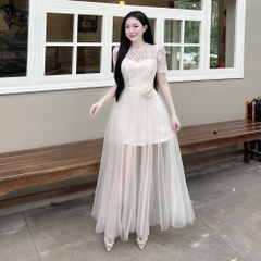 Đầm thiết kế ren voan thắt eo nơ hoa
