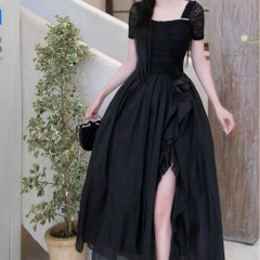Đầm cổ vuông dáng dài viền ngọc tay ngắn phối ren 
đầm dài phồng thiết kế sang chảnh đi tiệc